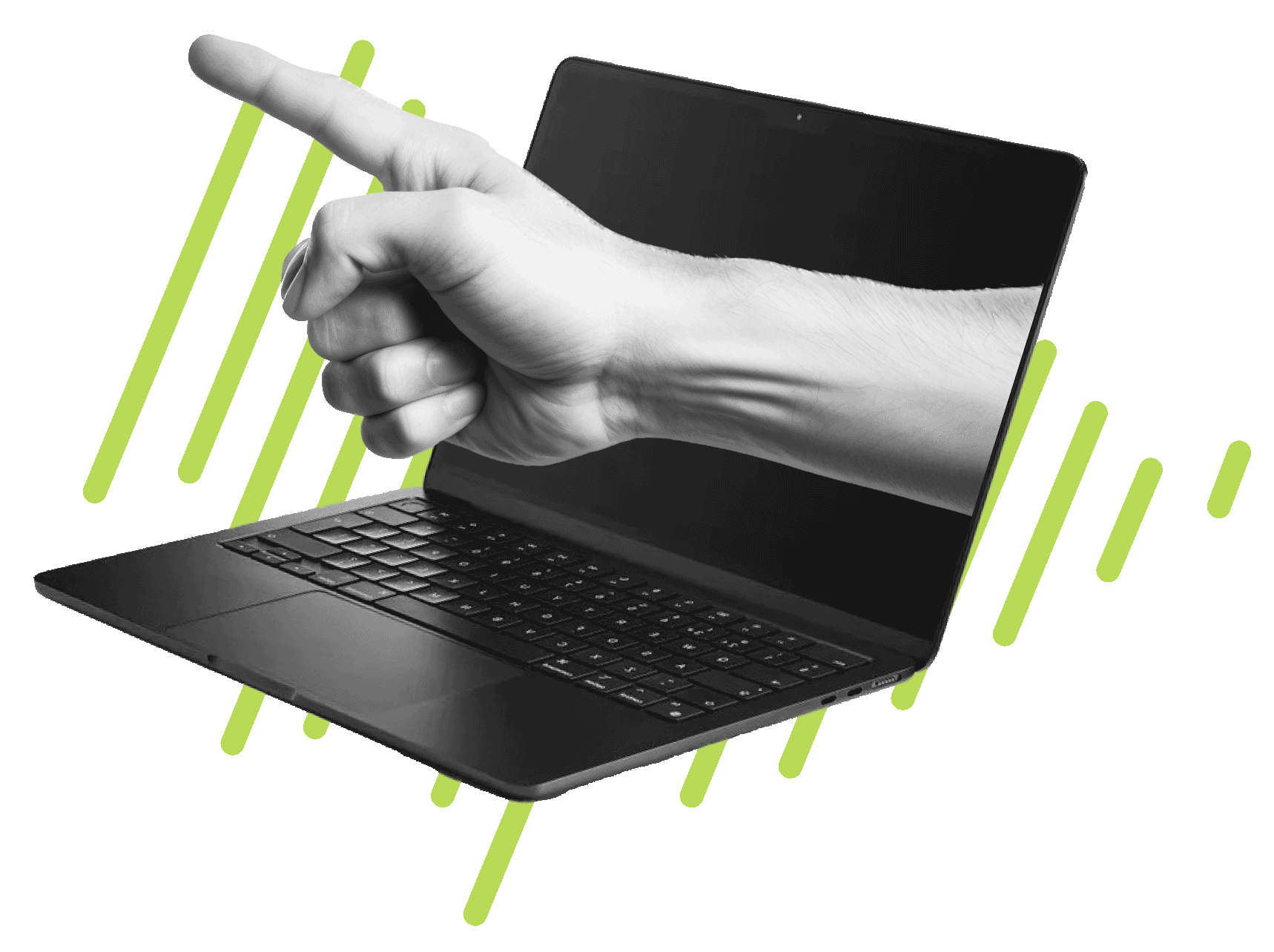 A hand coming out of computer pointing on a plain of lines