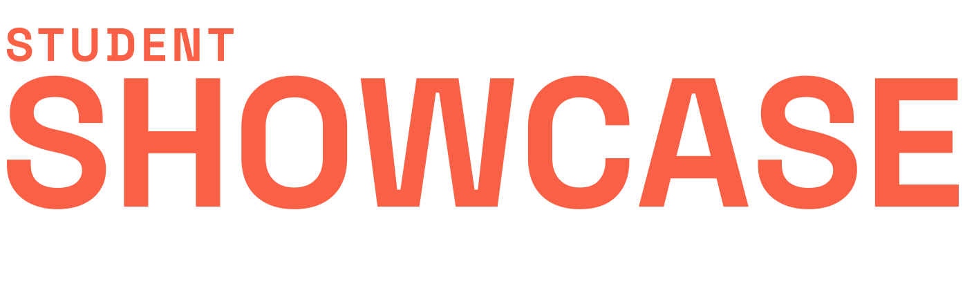 Student Showcase text in bold blue over a red-tinted photograph of a hand sketching a website wireframe on a whiteboard with blurry edges