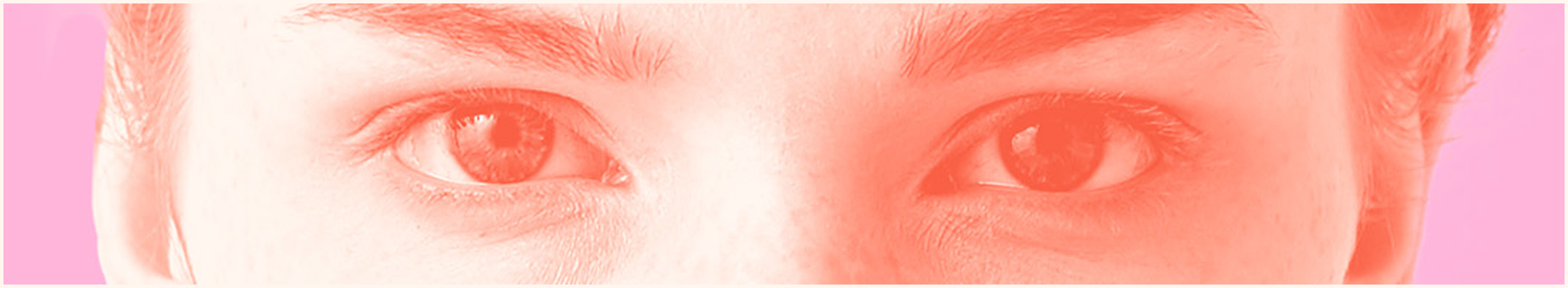 Minimalist banner for Ferris Design Week (April 27–May 1). A coral-tinted close-up of eyes is centered in a thin frame against a grainy pink and peach gradient background.
