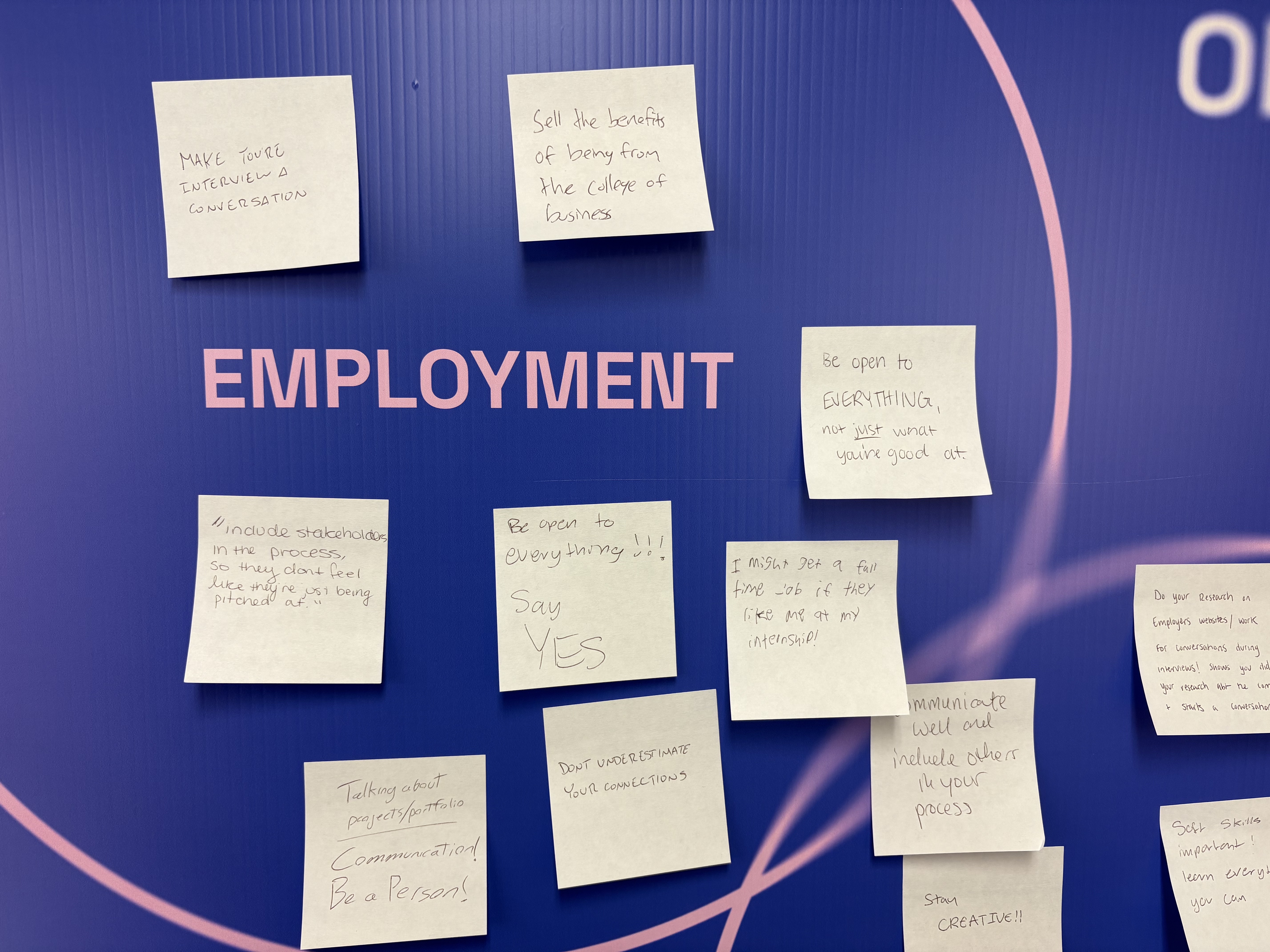 Zoomed in image of sticky notes detailing information gained from the panel about employement