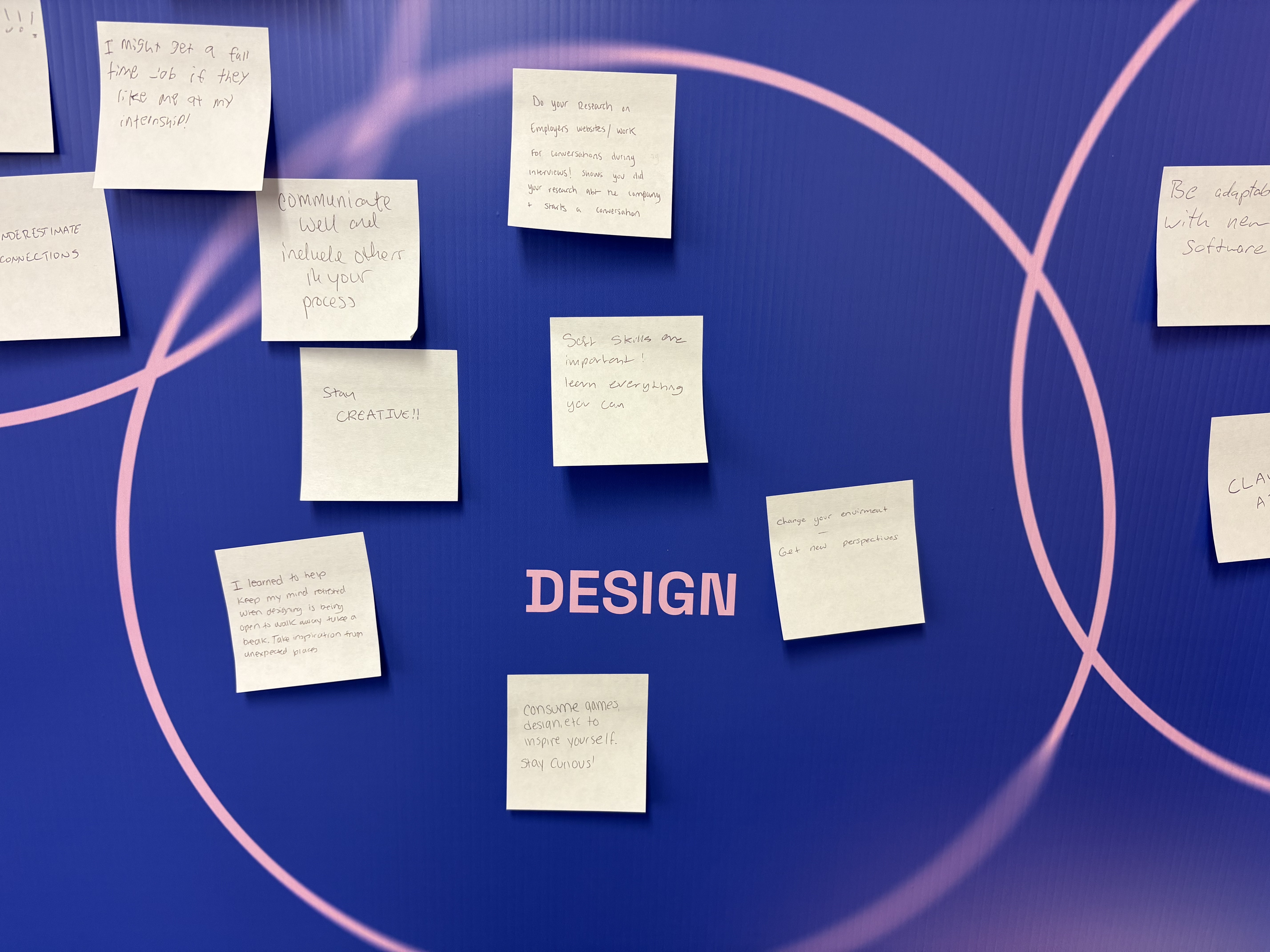 Zoomed in image of sticky notes detailing information gained from the panel about design